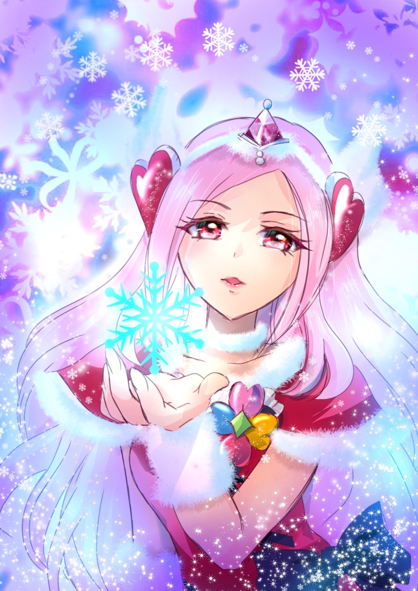 1girl bangs black_bow bow capelet collarbone cure_passion eyelashes fresh_precure! fur-trimmed_capelet fur_trim hair_ornament hairband heart heart_hair_ornament highres long_hair looking_at_viewer manekineko5319 open_mouth parted_bangs pink_hair precure red_capelet red_eyes red_shirt shirt snowflakes solo very_long_hair white_hairband