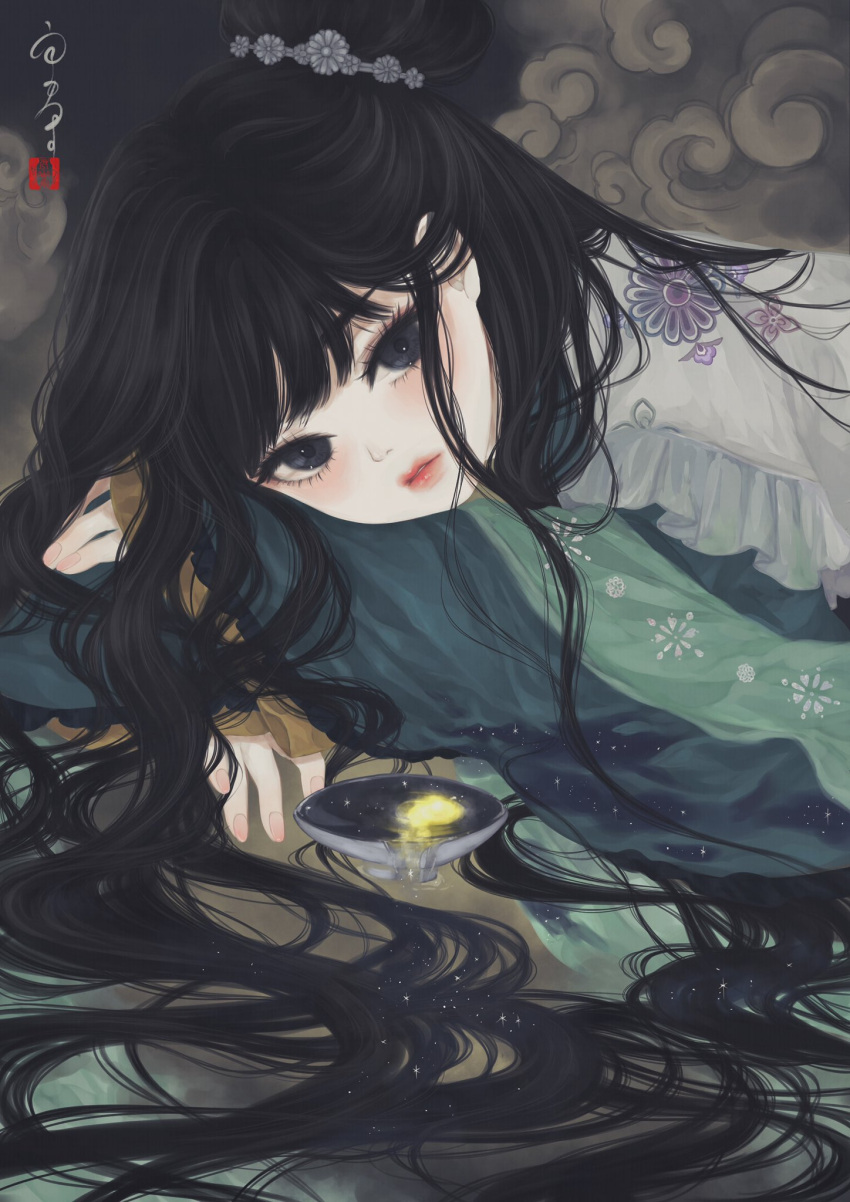 1girl alcohol bangs black_eyes black_hair clouds commentary_request cup floral_print flower frilled_kimono frills green_kimono hair_bun hair_flower hair_ornament highres japanese_clothes kimono light_blush long_hair long_sleeves looking_at_viewer lying moon on_stomach original parted_lips print_kimono reflection revision sakazuki sake seal_impression signature solo star_(sky) upper_body ushiyama_ame very_long_hair white_kimono whorled_clouds wide_sleeves