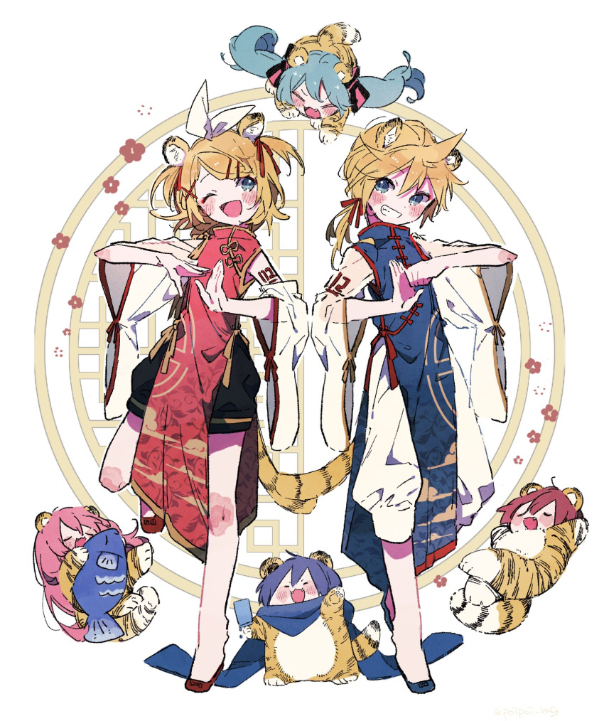 2boys 4girls :d animal_ears blonde_hair blue_eyes chibi chinese_clothes chinese_zodiac circle detached_sleeves fighting_stance fish hatsune_miku hazime highres kagamine_len kagamine_rin kaito_(vocaloid) megurine_luka meiko multiple_boys multiple_girls scarf short_hair smile tail tiger_ears tiger_tail vocaloid year_of_the_tiger