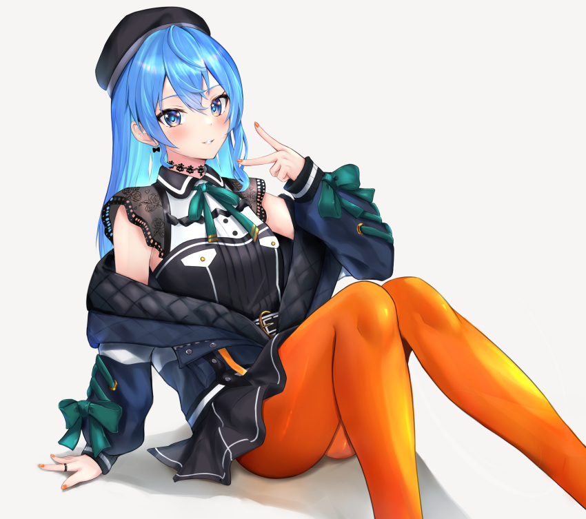 1girl absurdres bangs beret black_headwear black_shirt black_skirt blue_eyes blue_jacket blush bow bow_earrings collared_shirt commentary earrings feet_out_of_frame green_ribbon hair_between_eyes hat highres hololive hoshimachi_suisei jacket jewelry knees_together_feet_apart knees_up long_hair long_sleeves looking_at_viewer nail_polish neck_ribbon open_mouth orange_legwear orange_nails pantyhose parted_lips r_(r_aaaaaaaaru) ribbon shirt simple_background sitting skirt sleeveless sleeveless_shirt solo star_(symbol) star_in_eye symbol-only_commentary symbol_in_eye v virtual_youtuber white_background
