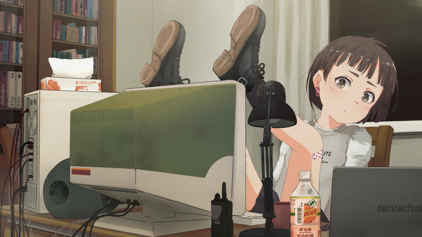 1girl artist_name bandaid bookshelf boots bottle brown_eyes brown_hair clip_studio_paint_(medium) computer earrings feet_up highres indoors jewelry monitor original russian_commentary servachok short_hair solo