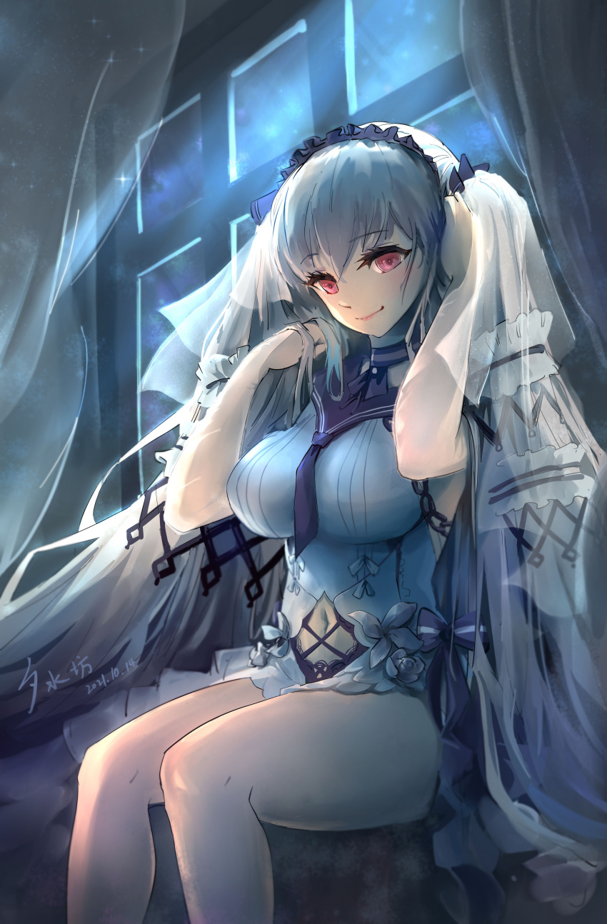 1girl absurdly_long_hair absurdres azur_lane black_choker black_neckwear black_sailor_collar bow_dress breasts choker clothing_cutout dress dress_flower feather_dress formidable_(azur_lane) formidable_(timeless_classics)_(azur_lane) grey_hair hands_in_hair highres large_breasts long_hair navel_cutout official_alternate_costume red_eyes sailor_collar sitting sleeveless sleeveless_dress solo traditional_media two-tone_dress two-tone_ribbon veil very_long_hair white_dress window xi_shui_fang