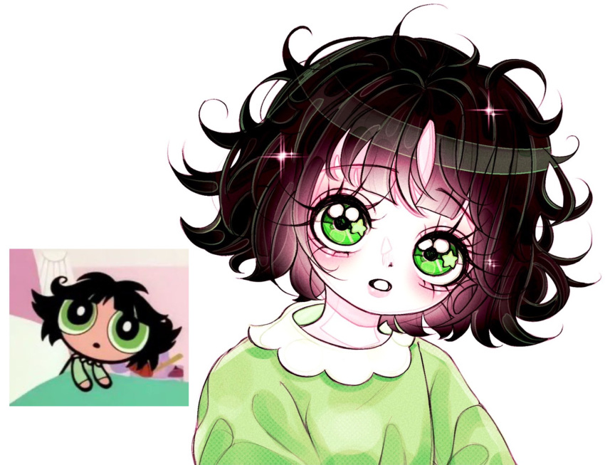 1girl bangs black_hair buttercup_(ppg) buttercup_redraw_challenge derivative_work green_eyes green_pajamas highres looking_at_viewer medium_hair messy_hair parted_lips powerpuff_girls reference_inset saffron_heart screencap_redraw simple_background solo sparkle star_(symbol) white_background
