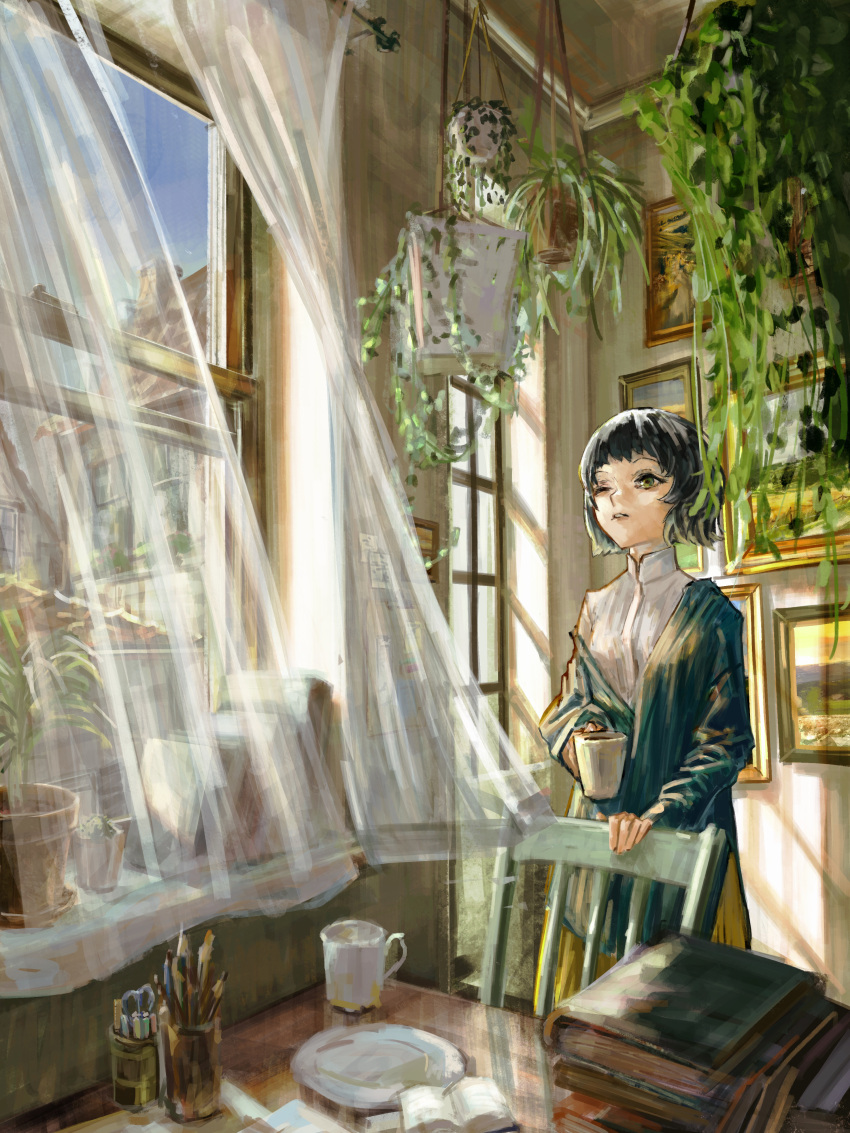 1girl absurdres black_hair book book_stack chair coffee_mug collared_shirt commentary_request cup curtains day green_eyes green_shirt highres indoors jar long_sleeves mug one_eye_closed original painting_(object) parted_lips pencil plant plate potted_plant shirt short_hair skirt solo table white_shirt window yellow_skirt yuu_akine