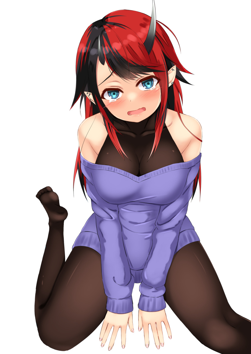 1girl alternate_costume bangs black_hair black_legwear black_sports_bra blue_eyes blue_sweater blush breasts commentary_request demon_girl demon_horns ear_piercing foot_out_of_frame highres horns kasumasu_(tales75) large_breasts long_hair looking_at_viewer multicolored_hair no_shoes off-shoulder_sweater off_shoulder open_mouth pantyhose piercing pointy_ears redhead ryugasaki_rene simple_background solo sports_bra sugar_lyric sweater two-tone_hair virtual_youtuber white_background