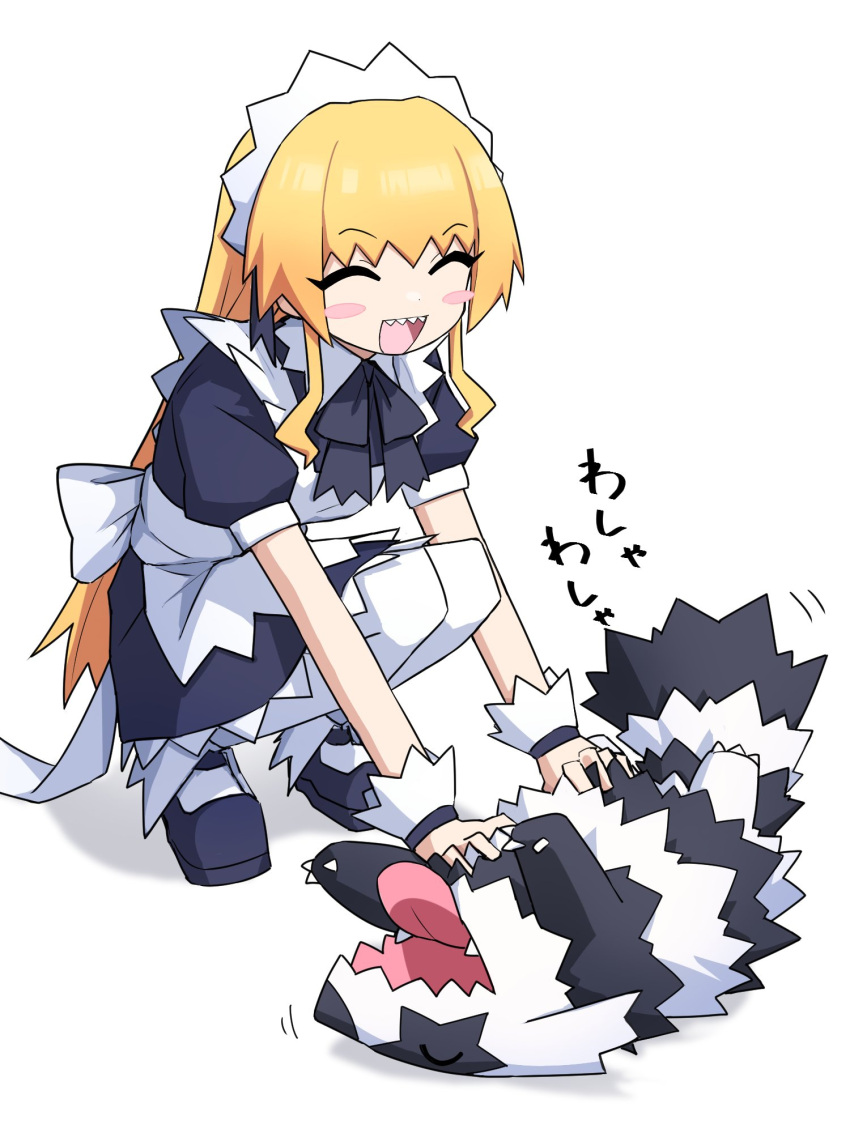 1girl :d ^_^ apron black_bow black_bowtie black_dress black_footwear blonde_hair blush_stickers bow bowtie character_request closed_eyes copyright_request dress eyebrows_visible_through_hair fangs full_body galarian_zigzagoon happy highres long_hair maid maid_apron maid_headdress mary_janes motion_lines open_mouth pokemon pokemon_(creature) puffy_short_sleeves puffy_sleeves sharp_teeth shoes short_sleeves simple_background smile sound_effects squatting teeth tickling tongue tongue_out upper_teeth very_long_hair white_apron white_background white_legwear wrist_cuffs yachima_tana