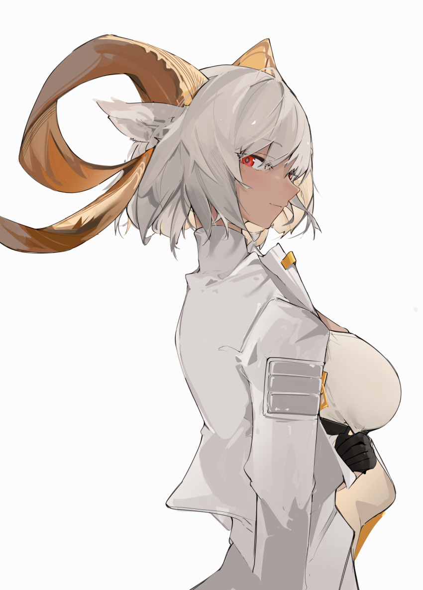 1girl animal_ears arknights arm_under_breasts bangs black_gloves breasts carnelian_(arknights) closed_mouth coat eyebrows_visible_through_hair from_side gloves goat_ears goat_girl goat_horns highres horns large_breasts long_sleeves looking_at_viewer looking_to_the_side mikojin open_clothes open_coat red_eyes shirt short_hair silver_hair simple_background smile solo upper_body white_background white_coat white_shirt