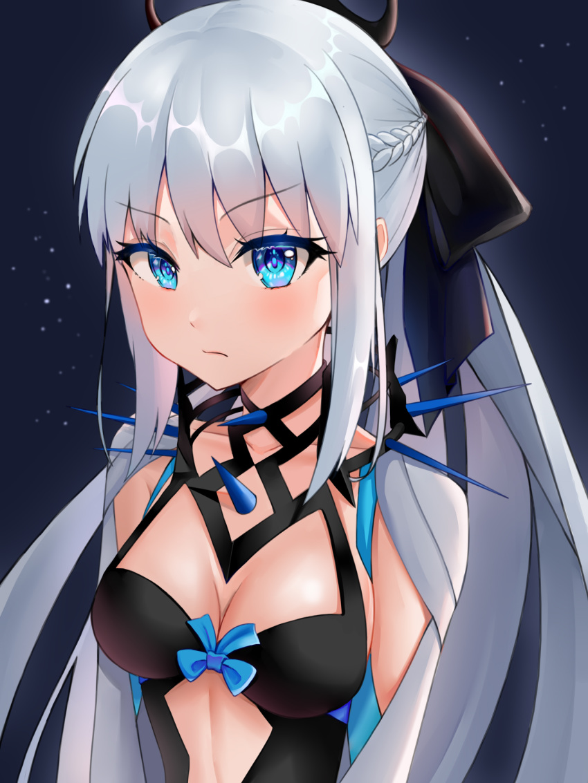 1girl 77_(pixiv60744364) bangs black_bow black_dress blue_eyes bow breasts center_opening cleavage_cutout closed_mouth clothing_cutout commentary dress eyebrows_visible_through_hair fate/grand_order fate_(series) fingernails hair_between_eyes hair_bow hair_ornament highres holding holding_staff holding_weapon large_breasts long_hair long_sleeves looking_at_viewer morgan_le_fay_(fate) navel night night_sky outdoors outstretched_arm ponytail pubic_tattoo serious sidelocks silver_hair sky solo staff star_(sky) tattoo tiara tree two-tone_dress upper_body very_long_hair weapon white_dress wide_sleeves