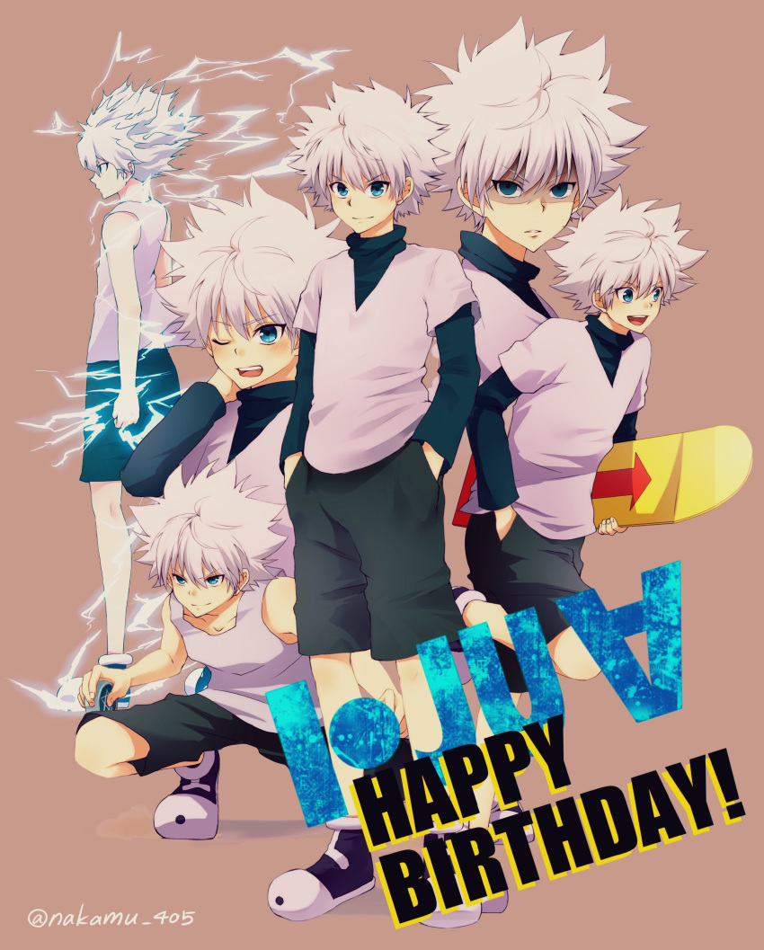 1boy absurdres blue_eyes child commentary_request highres hunter_x_hunter killua_zoldyck long_sleeves looking_at_viewer nakamu_405 open_mouth shirt short_hair shorts simple_background skateboard spiky_hair white_hair