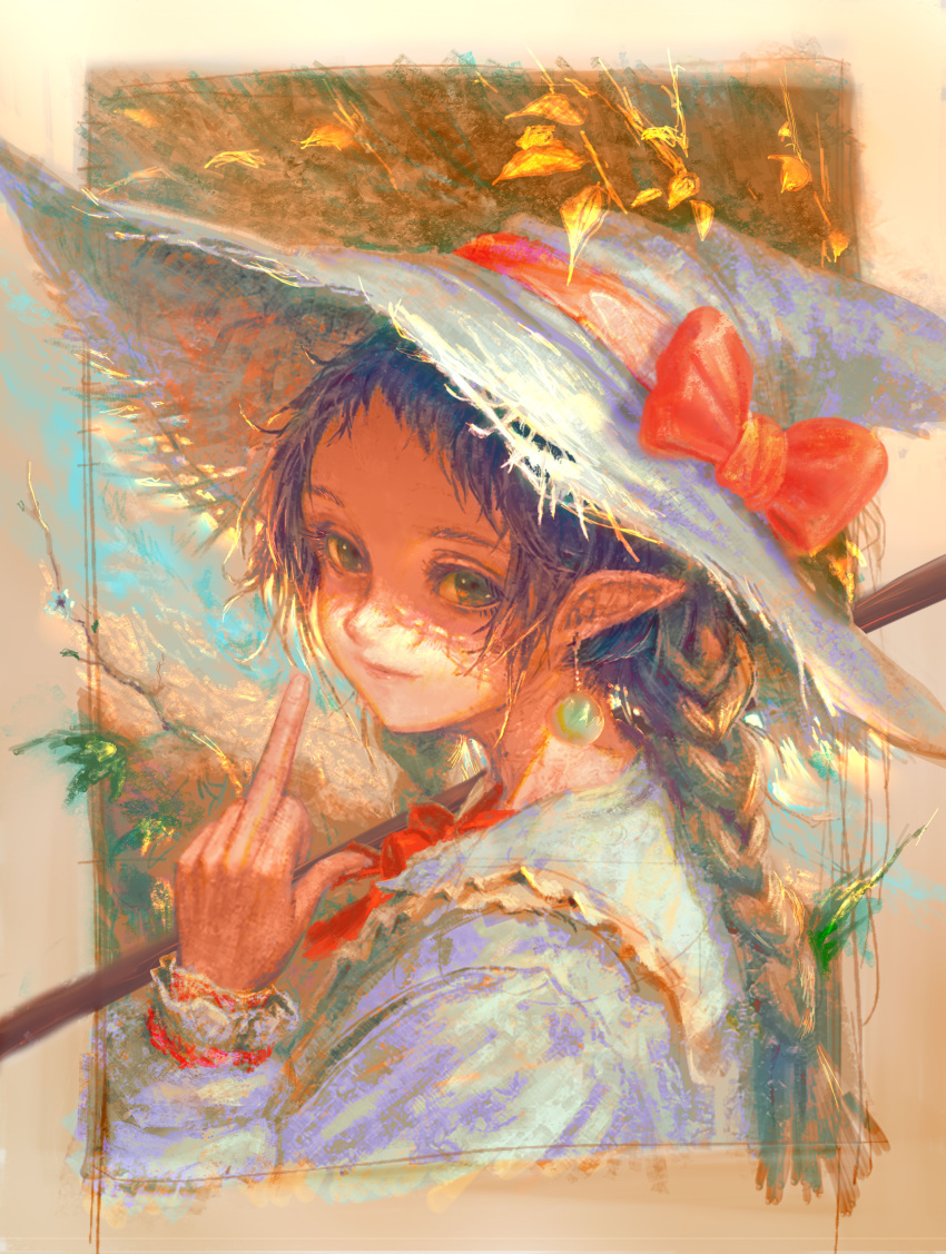 1girl absurdres blue_flower blue_hair border bow braid branch closed_mouth earrings fingernails flower frills green_eyes hat hat_bow highres jewelry jinchigou long_hair looking_at_viewer low_twintails middle_finger original outdoors over_shoulder painterly pointy_ears red_bow red_neckwear single_earring smile solo twintails upper_body white_headwear witch_hat
