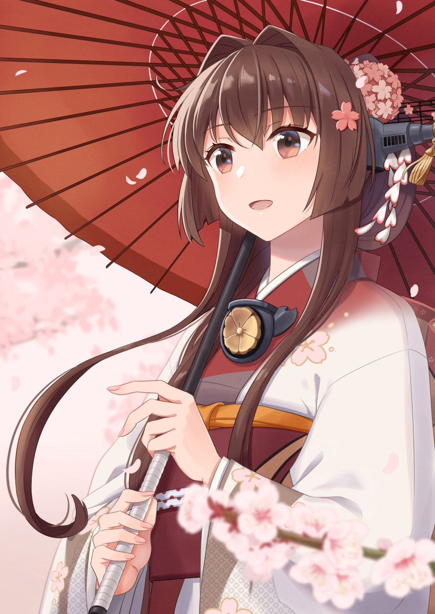 1girl absurdres blush brown_eyes brown_hair cherry_blossoms eyebrows_visible_through_hair fingernails flower hair_between_eyes hair_flower hair_ornament headgear highres holding holding_umbrella japanese_clothes kantai_collection kimono long_hair long_sleeves natsume_(natsume_melio) oil-paper_umbrella open_mouth petals pink_flower red_umbrella sidelocks smile solo umbrella upper_body white_kimono wide_sleeves yamato_(kancolle)