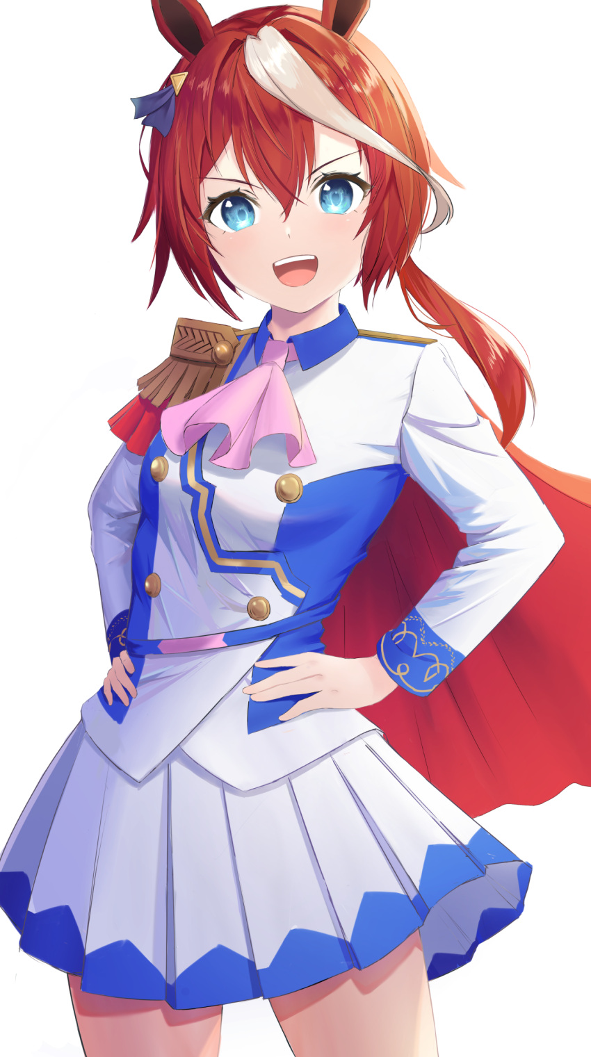 1girl :d animal_ears ascot atto_illust bangs bare_legs blue_eyes cowboy_shot floating_hair hair_between_eyes hand_on_hip highres jacket long_hair long_sleeves looking_at_viewer low_ponytail miniskirt multicolored_hair pink_ascot pleated_skirt redhead shiny shiny_hair simple_background skirt smile solo standing streaked_hair tokai_teio_(umamusume) umamusume white_background white_jacket white_skirt