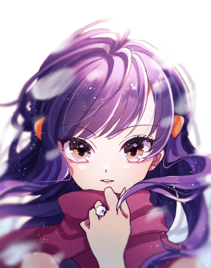 1girl bangs blurry brown_eyes commentary_request eyebrows_visible_through_hair eyelashes hair_ornament hairclip hand_up hibikileon highres hikari_(pokemon) jewelry long_hair parted_lips pokemon pokemon_adventures purple_hair red_scarf ring scarf sidelocks smile solo upper_body