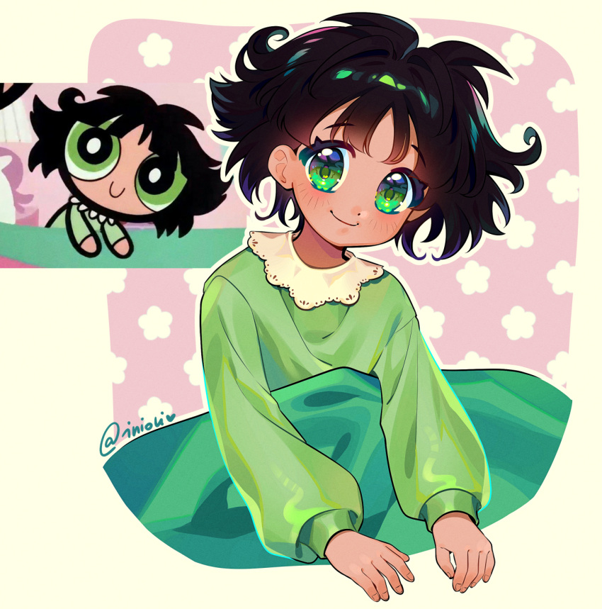 1girl black_hair buttercup_(ppg) buttercup_redraw_challenge derivative_work green_pajamas highres inioli long_sleeves looking_at_viewer medium_hair messy_hair outline powerpuff_girls reference_inset screencap_redraw smile solo twitter_username upper_body white_outline