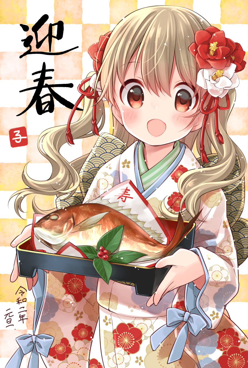 1girl :d back_bow bangs blue_bow blush bow checkered_background cowboy_shot dish dot_nose eyebrows_visible_through_hair eyes_visible_through_hair fish floating_hair floral_print flower food garnish hair_between_eyes hair_flower hair_ornament han'eri hands_up happy highres holding holding_food japanese_clothes juubako kanzashi kimono large_bow light_brown_hair light_particles long_hair long_sleeves looking_at_viewer minagi_koharu official_art open_mouth print_kimono red_eyes red_flower seigaiha sleeve_bow slow_loop smile solo standing striped tareme tassel translation_request two_side_up uchino_maiko wavy_hair white_flower wide_sleeves