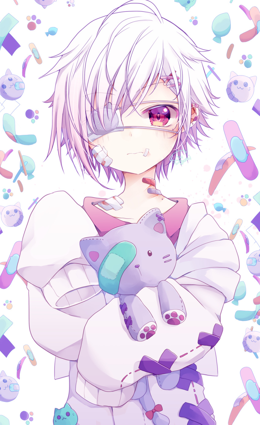 1boy bandages bandaid blush cat ear_piercing eyepatch hair_ornament hairclip highres looking_at_viewer original pale_skin piercing ponixponi sleeves_past_wrists stuffed_toy violet_eyes white_hair