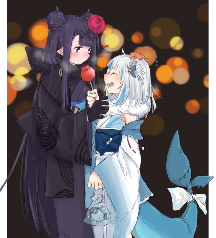 2girls :d ^_^ animal_on_head aoi_(aoisaka) bag bagged_fish black_gloves black_hair bloop_(gawr_gura) blue_hair blurry blush bokeh candy_apple closed_eyes commentary_request depth_of_field double_bun fish fish_tail food fur_collar gawr_gura gloves heart highres hololive hololive_english japanese_clothes kimono multicolored_hair multiple_girls ninomae_ina'nis on_head open_mouth pointy_ears shark_tail sharp_teeth shrimp smile streaked_hair tail teeth two-tone_hair two_side_up virtual_youtuber white_hair wide_sleeves yukata