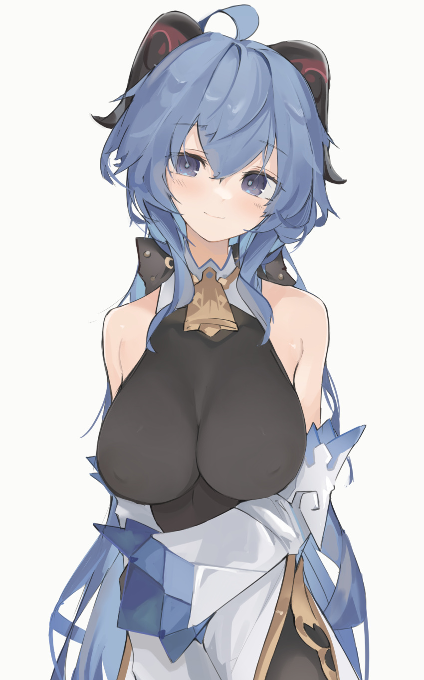 1girl ahoge bare_shoulders bell black_bodysuit blue_hair bodysuit breasts closed_mouth commentary_request covered_nipples cowbell detached_sleeves eyebrows_visible_through_hair ganyu_(genshin_impact) genshin_impact goat_horns highres horns large_breasts long_hair looking_at_viewer mikojin simple_background smile solo violet_eyes white_background