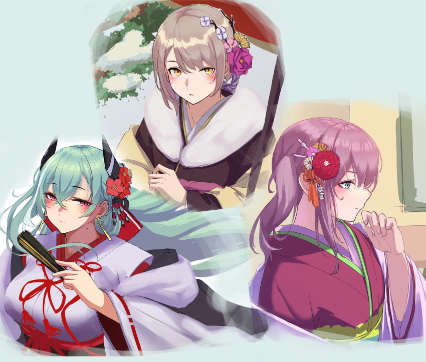 3_small_spiders 3girls absurdres aqua_hair ar-57_(girls'_frontline) arm_up bangs blonde_hair blue_eyes blush closed_mouth earrings eyebrows_visible_through_hair flower fur-trimmed_kimono fur_trim girls_frontline hair_between_eyes hair_flower hair_ornament hand_fan highres holding holding_fan japanese_clothes jewelry kimono long_hair looking_at_viewer looking_away ltlx_7000_(girls'_frontline) mole mole_on_neck multiple_girls official_alternate_costume pink_hair short_hair simple_background upper_body vector_(girls'_frontline) violet_eyes white_background yellow_eyes