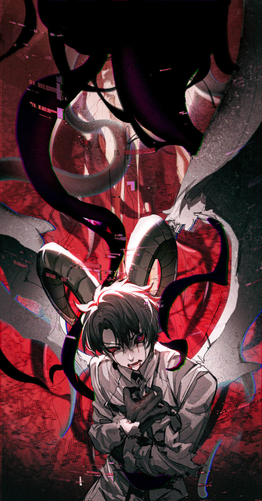 1boy absurdres bangs black_hair blood blood_from_eyes blood_from_mouth blood_on_face chaldea_uniform chinese_commentary collared_shirt colored_sclera commentary cosplay cowboy_shot curled_horns dark_young_(fate) dark_young_(fate)_(cosplay) demon_horns demon_wings fate/grand_order fate_(series) fujimaru_ritsuka_(male) highres horns long_sleeves looking_at_viewer lower_teeth male_focus open_mouth pink_eyes qing_yu red_sclera shirt short_hair solo standing teeth white_shirt white_wings wings