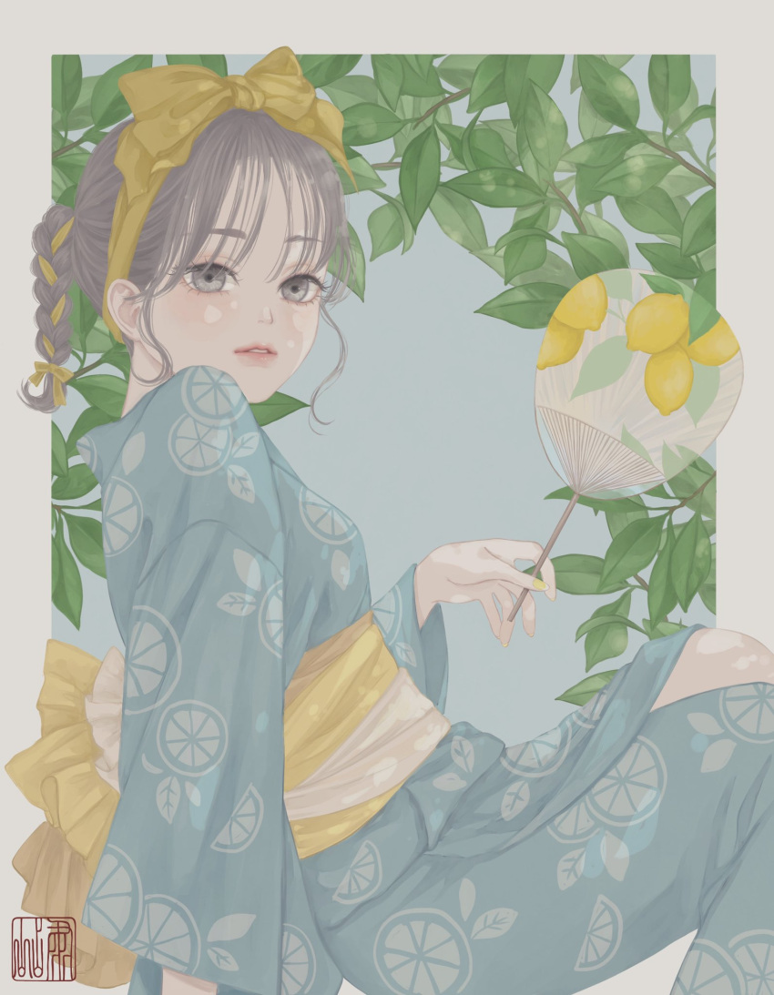 1girl bangs blue_background blue_kimono border bow braid braided_ponytail commentary_request feet_out_of_frame food from_side fruit grey_eyes grey_hair hair_bow hair_ribbon hairband hand_fan highres holding holding_fan japanese_clothes kimono leaf lemon lemon_print lemon_slice long_sleeves looking_at_viewer looking_to_the_side nail_polish obi original outside_border paper_fan parted_lips plant print_kimono ribbon sash seal_impression short_ponytail sidelocks sitting solo uchiwa ushiyama_ame white_border yellow_bow yellow_hairband yellow_nails yellow_ribbon yellow_sash yukata