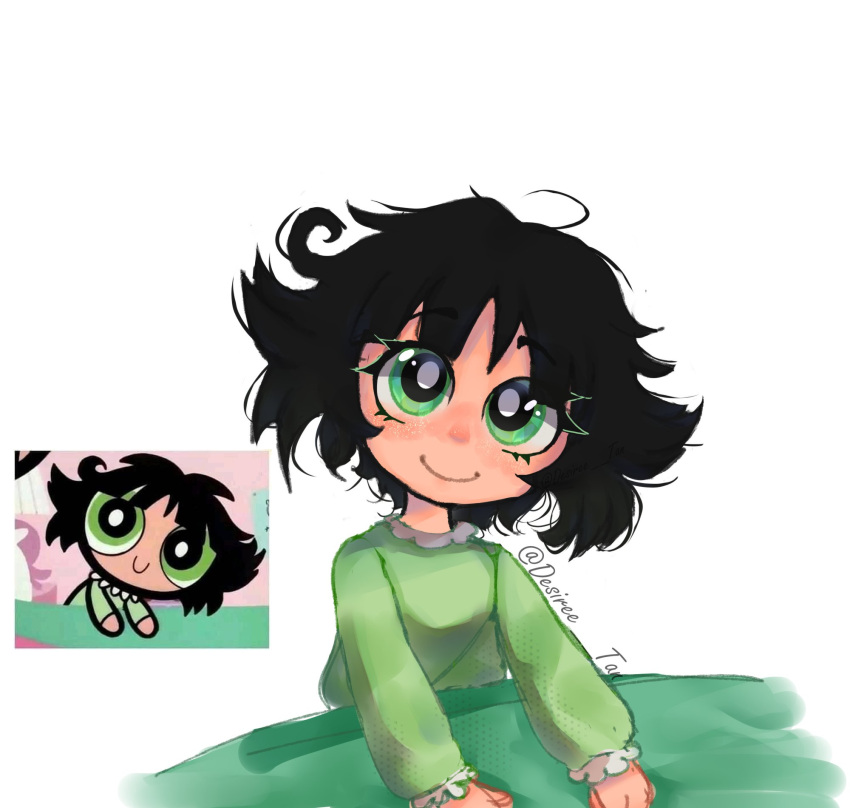 1girl artist_name black_hair bright_pupils buttercup_(ppg) buttercup_redraw_challenge derivative_work desiree_tan green_eyes green_pajamas highres long_sleeves looking_at_viewer messy_hair powerpuff_girls reference_inset screencap_redraw simple_background solo under_covers upper_body white_background white_pupils