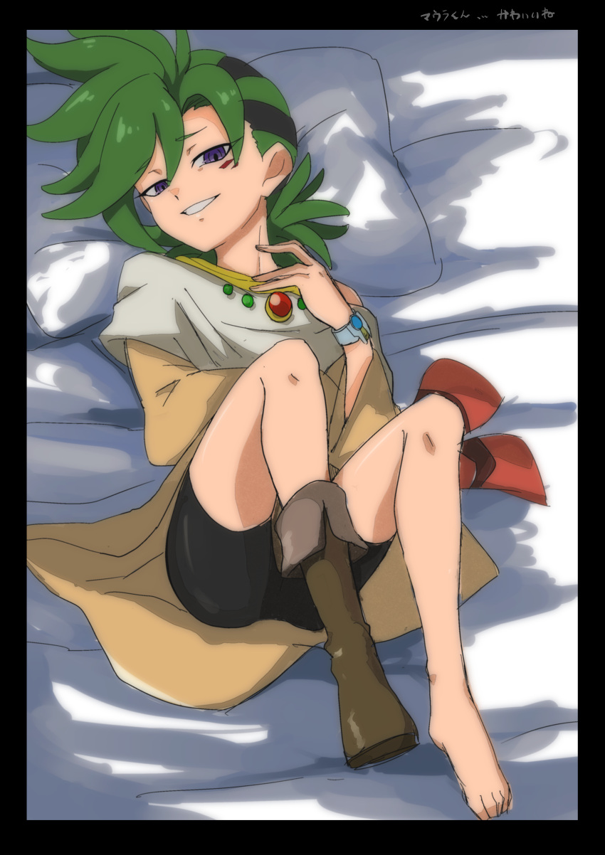 1boy absurdres bangs bed black_hair boot_removed boots bracelet facial_mark green_hair grin hair_between_eyes highres hira_shain jewelry looking_at_viewer lying male_focus mauro_abelard multicolored_hair necklace off_shoulder on_back on_bed pillow shadowverse shadowverse_(anime) single_boot smile solo spiky_hair tunic two-tone_hair violet_eyes