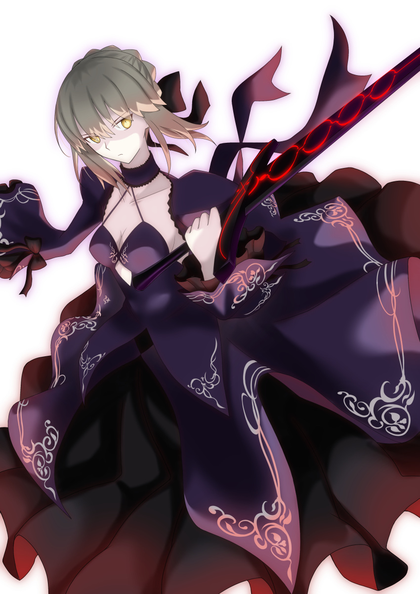 1girl absurdres artoria_pendragon_(fate) bangs black_dress black_ribbon blonde_hair braid closed_mouth commentary_request dark_excalibur dress excalibur_morgan_(fate) fate/grand_order fate/stay_night fate_(series) french_braid from_below gothic_lolita hair_bun highres holding holding_sword holding_weapon juliet_sleeves lolita_fashion long_sleeves looking_at_viewer puffy_sleeves ribbon saber_alter shido_x_2903 sidelocks sword weapon yellow_eyes