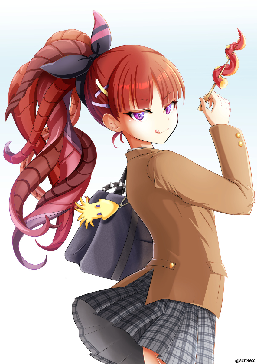 1girl absurdres azathoth_(monster_strike) highres monneko monster_strike ponytail redhead school_uniform simple_background skirt solo tentacle_hair violet_eyes