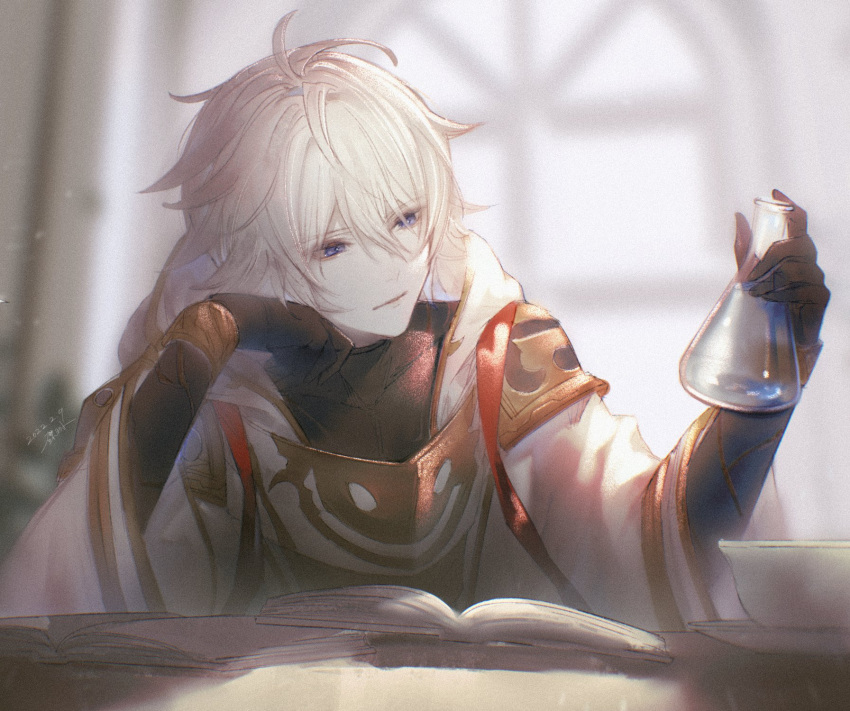 1boy antenna_hair armor backlighting bangs black_bodysuit blue_eyes blurry blurry_background bodysuit book bowl closed_mouth dated erlenmeyer_flask flask granblue_fantasy highres holding holding_flask hooded_robe lucilius_(granblue_fantasy) male_focus short_hair shoulder_armor solo table turtleneck upper_body white_hair white_robe window wristband yct_(yoct_o)