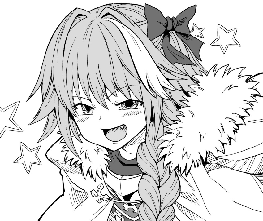 1boy astolfo_(fate) bangs blush bow braid cape commentary_request eyebrows_visible_through_hair fang fate/apocrypha fate/grand_order fate_(series) fur_trim greyscale hair_bow hair_intakes hair_ribbon highres kusama_takato looking_at_viewer monochrome open_mouth otoko_no_ko ribbon sidelocks smug solo star_(symbol)