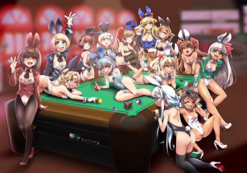 6+girls alternate_costume animal_ears ascot ass ball bare_legs billiard_ball black_ascot black_bow black_bowtie black_hair black_legwear black_leotard blonde_hair blue_bow blue_bowtie blue_coat blue_eyes blue_hair blue_leotard bow bowtie brown_ascot brown_eyes brown_hair coat cue_stick detached_collar double_bun fletcher_(kancolle) gloves grecale_(kancolle) green_eyes hibiki_(kancolle) highres holding_cue_stick janus_(kancolle) jervis_(kancolle) johnston_(kancolle) kantai_collection leotard libeccio_(kancolle) long_hair looking_at_viewer maestrale_(kancolle) multiple_girls open_mouth pantyhose playboy_bunny poker_chip ponytail pool_ball pool_table rabbit_ears rabbit_tail red_bow red_bowtie red_coat round_teeth samuel_b._roberts_(kancolle) scirocco_(kancolle) short_hair silver_hair tail tailcoat tan tan_yang_(kancolle) tashkent_(kancolle) teeth thigh-highs twintails udukikosuke upper_teeth verniy_(kancolle) white_coat white_gloves white_leotard wrist_cuffs yukikaze_(kancolle) z1_leberecht_maass_(kancolle) z3_max_schultz_(kancolle)