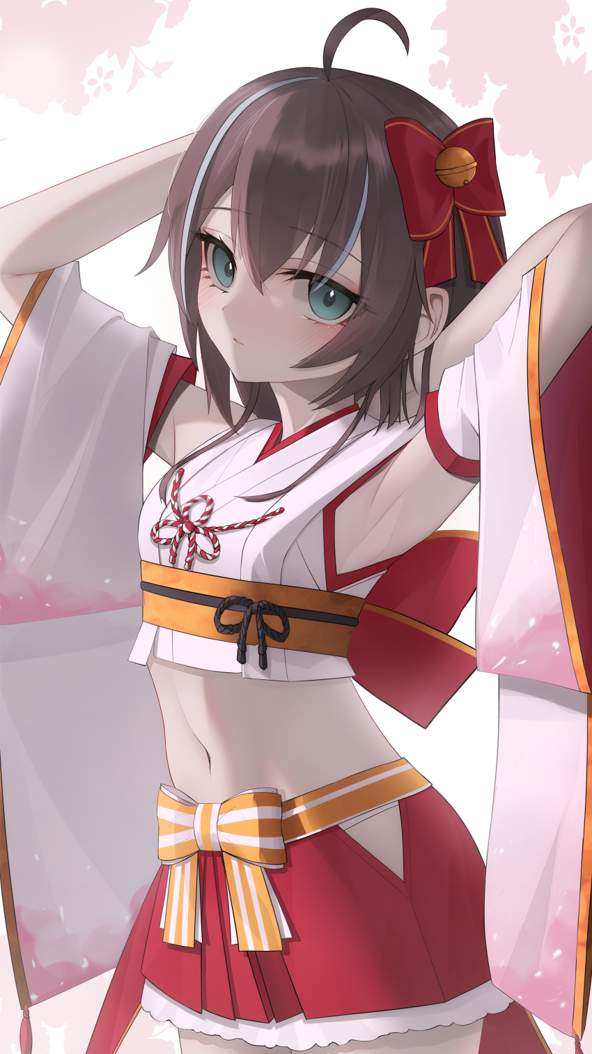 1girl absurdres armpits arms_up bangs bell blush bow brown_hair commentary_request cowboy_shot crop_top detached_sleeves eyebrows_visible_through_hair hair_bell hair_between_eyes hair_bow hair_ornament highres hololive jingle_bell kouhaku_nawa long_hair looking_at_viewer midriff miniskirt natsuiro_matsuri navel red_bow red_skirt rope shimenawa short_sleeves silver_hair skirt solo standing thigh-highs thomas_8000 virtual_youtuber white_background wide_sleeves