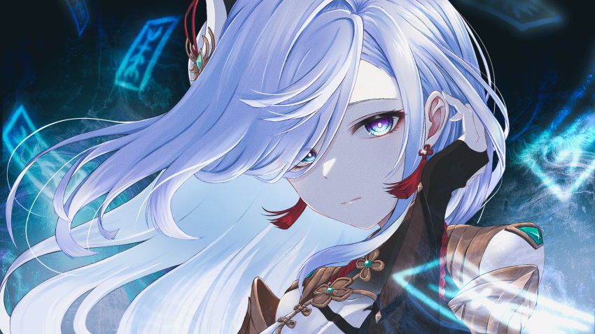 1girl bangs blue_eyes earrings english_commentary eyebrows_visible_through_hair eyelashes eyes_visible_through_hair face genshin_impact hair_ornament hair_over_one_eye hand_in_hair highres jewelry long_hair looking_at_viewer nisikm shenhe_(genshin_impact) solo talisman white_hair