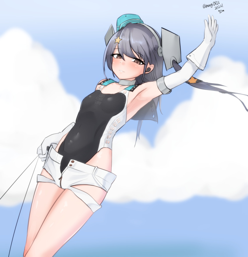 1girl absurdres aqua_headwear arm_up black_ribbon black_swimsuit blue_sky clouds competition_swimsuit cowboy_shot dated day garrison_cap gloves grey_eyes grey_hair hair_ornament hair_ribbon hat highleg highleg_swimsuit highres kantai_collection long_hair maru_(marg0613) one-piece_swimsuit outdoors ribbon scamp_(kancolle) short_shorts shorts side_ponytail sky solo star_(symbol) star_hair_ornament string swimsuit twitter_username white_gloves white_shorts