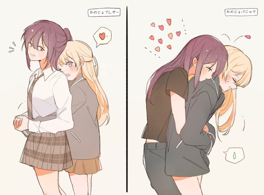 2girls bang_dream! blonde_hair blush closed_eyes commentary_request dated_commentary eyebrows_visible_through_hair heart hug hug_from_behind long_hair multiple_girls one_eye_closed parted_lips purple_hair red_eyes seri_(vyrlw) seta_kaoru shirasagi_chisato short_hair spoken_heart spoken_sweatdrop sweatdrop translation_request violet_eyes yuri