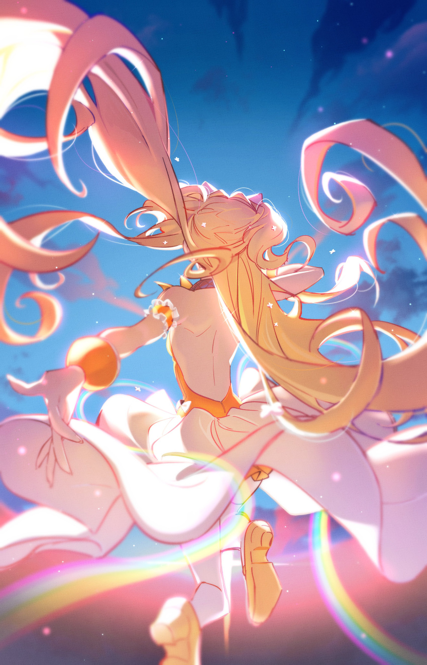 1girl absurdres backless_dress backless_outfit bangs bracelet clouds dress floating_hair from_behind gloves high_heels highres honla jewelry long_hair open_hand orange_dress rainbow seeu sky solo twintails two_side_up very_long_hair vocaloid white_gloves yellow_footwear