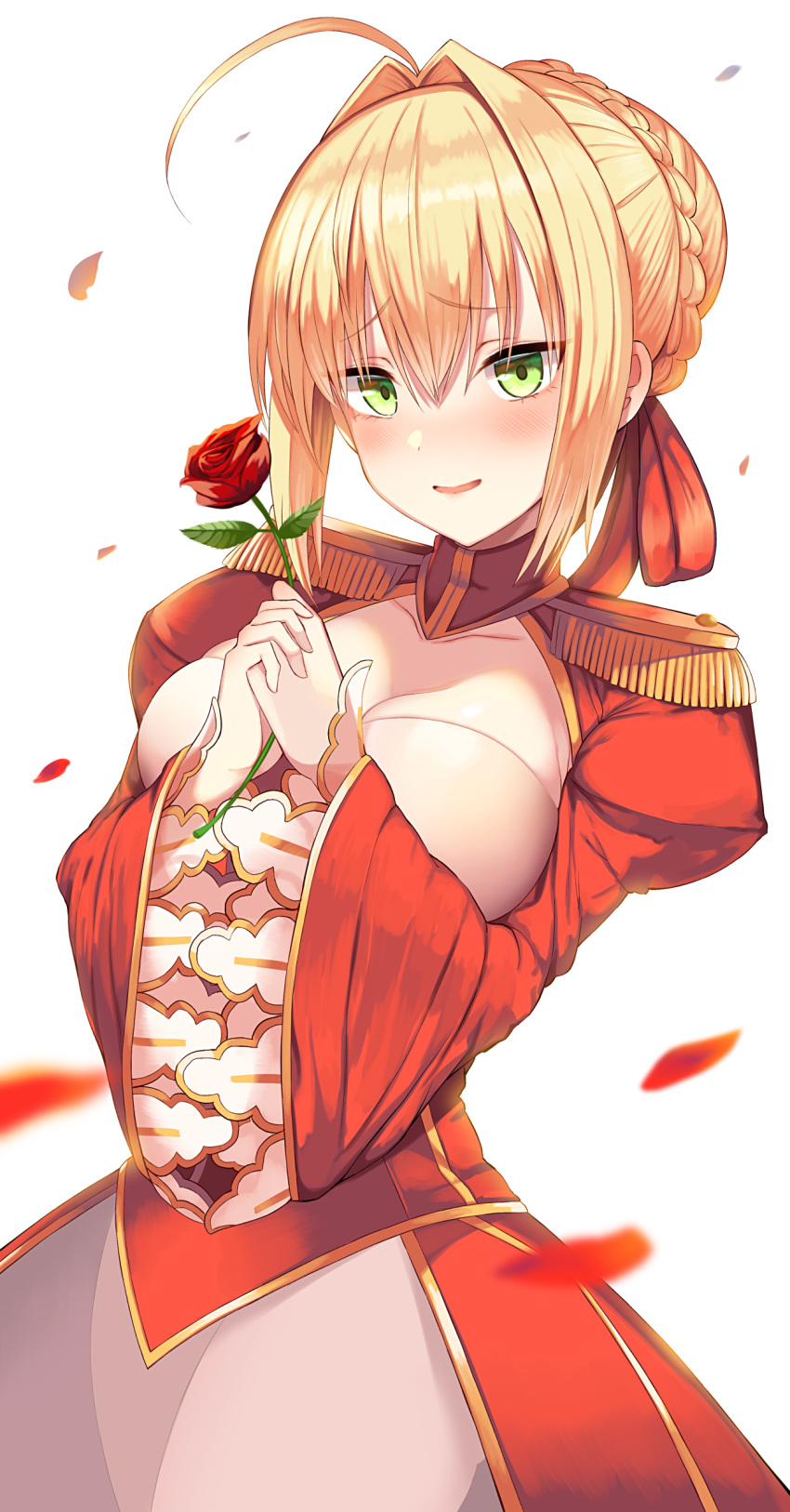 1girl aestus_estus ahoge blonde_hair braid breasts cleavage commentary_request dress epaulettes fate/extra fate/grand_order fate_(series) french_braid green_eyes hair_intakes hair_ribbon juliet_sleeves large_breasts long_sleeves nero_claudius_(fate) nero_claudius_(fate)_(all) puffy_sleeves red_dress red_ribbon ribbon saber_extra see-through solo wide_sleeves yamato_mp