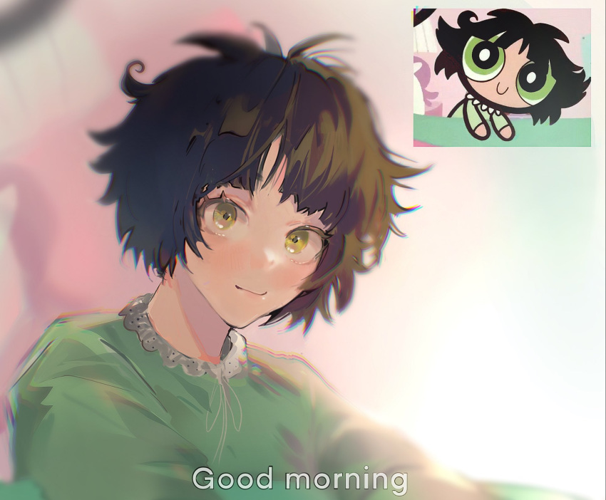 1girl bangs black_hair blunt_bangs blush buttercup_(ppg) buttercup_redraw_challenge chromatic_aberration derivative_work eliaart_il english_text green_eyes green_pajamas highres long_sleeves looking_at_viewer messy_hair powerpuff_girls reference_inset screencap_redraw short_hair solo