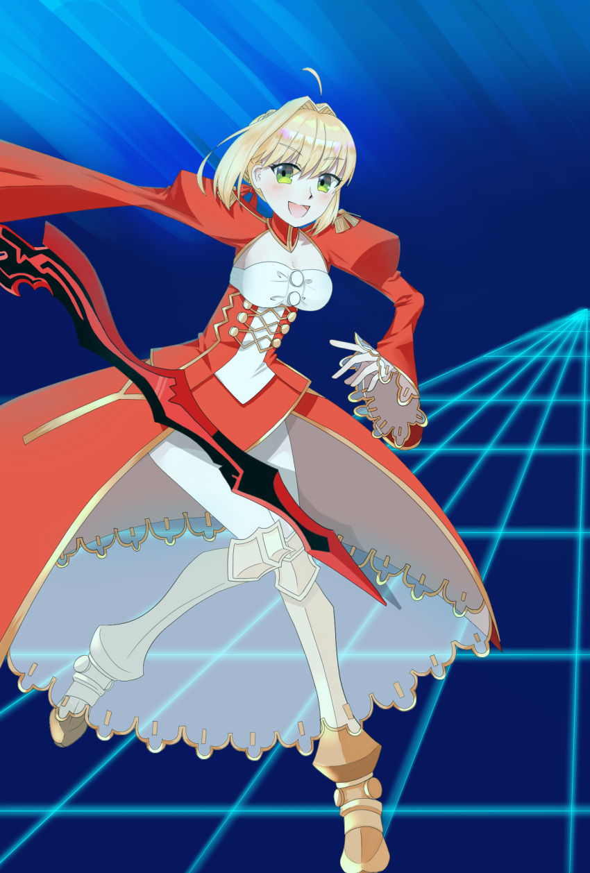 1girl aestus_estus ahoge blonde_hair braid breasts cleavage commentary_request dress epaulettes fate/extra fate/grand_order fate_(series) french_braid green_eyes hair_intakes hair_ribbon juliet_sleeves large_breasts long_sleeves nero_claudius_(fate) nero_claudius_(fate)_(all) nyamineko8 puffy_sleeves red_dress red_ribbon ribbon saber_extra see-through solo sword weapon wide_sleeves