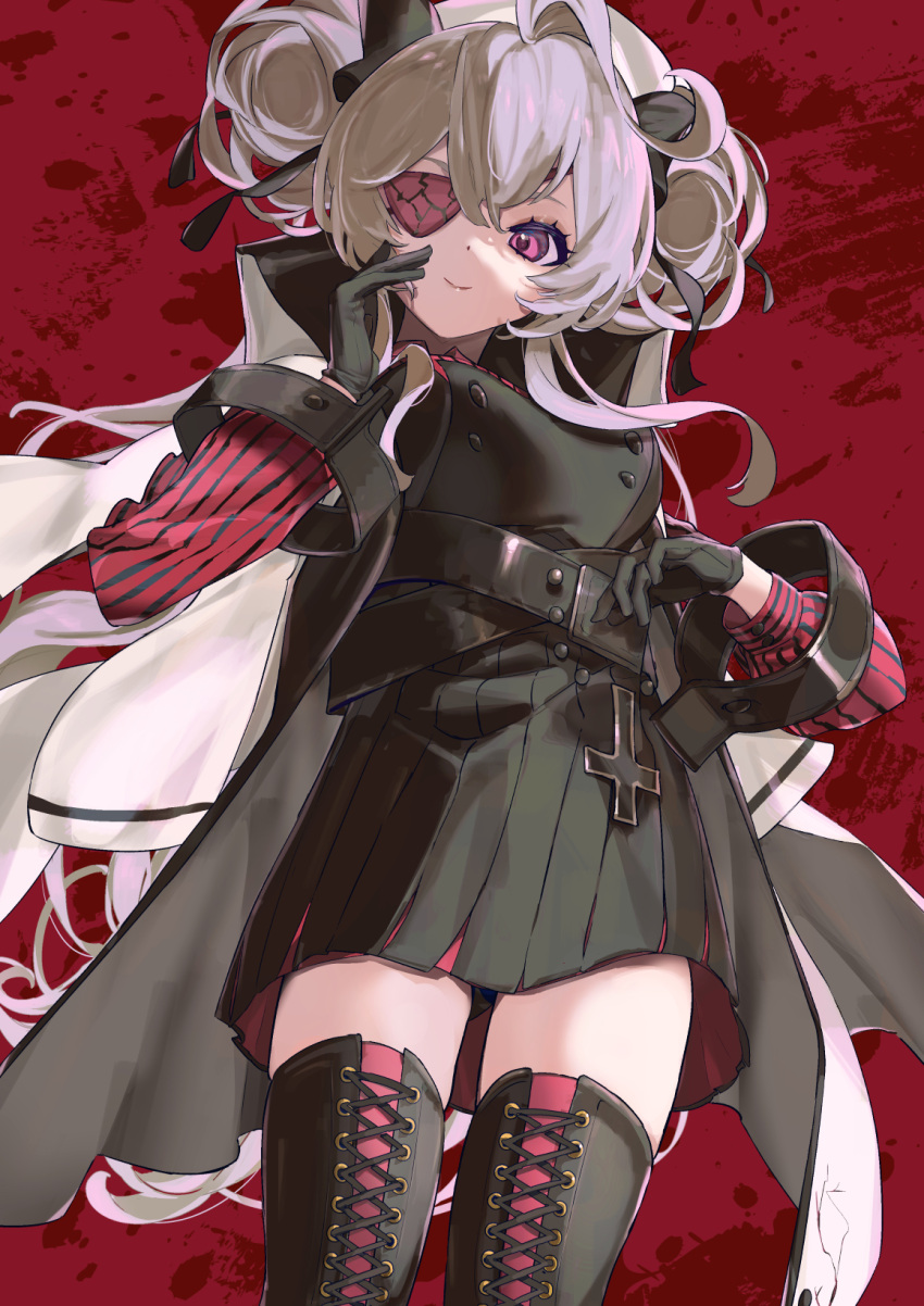 1girl alchemy_stars belt black_gloves black_jacket black_legwear black_ribbon black_skirt blood blood_splatter buttons closed_mouth coat coat_on_shoulders commentary cowboy_shot cross double-breasted eicy_(alchemy_stars) gloves grey_hair hair_ribbon hand_up highres jacket looking_at_viewer one_eye_covered open_clothes open_coat pink_eyes pleated_skirt red_background red_eyepatch red_sleeves ribbon skirt smile solo striped_sleeves thigh-highs white_coat yamamura_saki