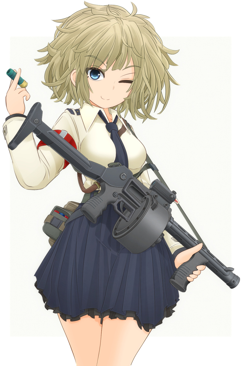 1girl armband armsel_striker bangs belt blonde_hair blue_eyes blue_necktie blue_sky bullet closed_mouth combat_shotgun commentary_request cowboy_shot dress_shirt eyebrows_visible_through_hair gun highres holding holding_bullet long_sleeves looking_at_viewer messy_hair mikeran_(mikelan) miniskirt necktie one_eye_closed original pleated_skirt pouch shirt short_hair shotgun shotgun_shell simple_background skirt sky smile solo standing utility_belt weapon white_background white_shirt wing_collar