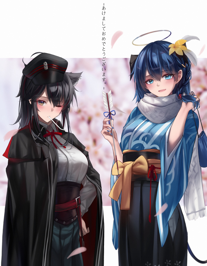 2girls :d absurdres alternate_costume alternate_hairstyle animal_ear_fluff animal_ears arknights arrow_(projectile) bag bangs black_cape black_hair black_hakama black_headwear blue_eyes blue_hair blue_kimono blurry blurry_background bow braid breasts brown_eyes buckle cape closed_mouth collared_shirt corset cowboy_shot extra_ears eyebrows_visible_through_hair flat_chest flower grey_scarf hair_flower hair_ornament hakama halo hamaya hand_in_hair hand_on_hip hand_up hat highres hip_vent holding holding_arrow holding_bag horns japanese_clothes kimono large_breasts long_hair long_sleeves looking_at_viewer mostima_(arknights) mouth_hold multiple_girls neck_ribbon obi one_eye_closed open_mouth orange_bow peaked_cap red_ribbon ribbon sash scarf shirt shokuyou_koori side_braid sidelocks smile tail texas_(arknights) translation_request white_shirt wide_sleeves wolf_ears yellow_flower