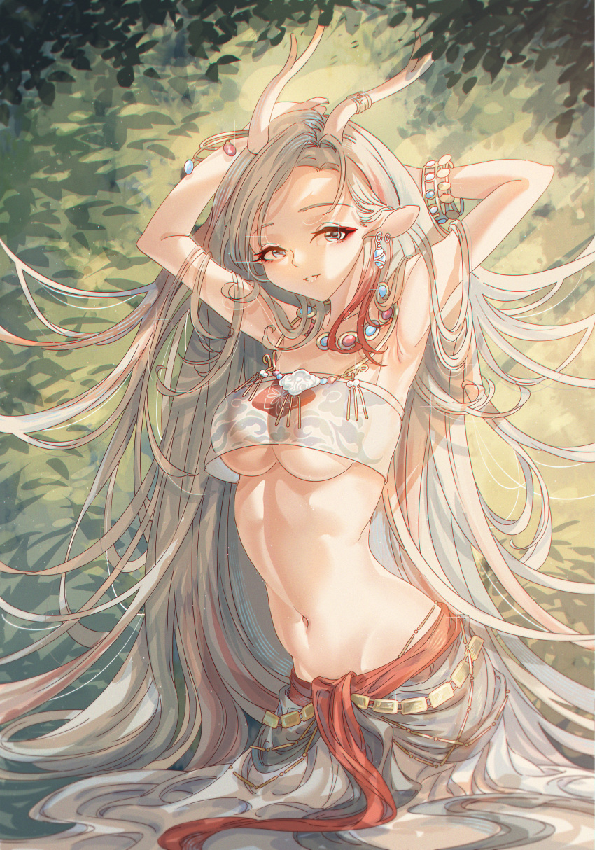 1girl a_deer_of_nine_colors absurdres animal_ears antler_ornament antlers arknights armpits arms_behind_head arms_up bandeau bare_arms bare_shoulders blue_hair bracelet breasts brown_eyes chinese_commentary commentary_request cowboy_shot deer_antlers deer_ears earrings grey_skirt highres innoarukugyou jewelry large_breasts looking_at_viewer makeup mascara midriff multicolored_hair navel necklace nine-colored_deer parted_lips plant redhead revealing_clothes revision shirt silver_hair skirt smile solo stomach strapless strapless_shirt under_boob wading