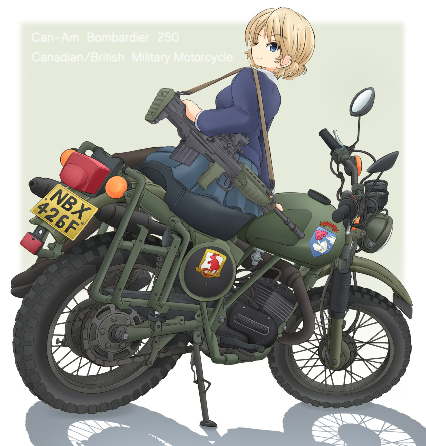 1girl assault_rifle bangs black_footwear black_legwear blonde_hair blue_eyes blue_skirt blue_sweater braid bullpup can-am_bombardier_250 carrying closed_mouth commentary_request darjeeling_(girls_und_panzer) dress_shirt emblem english_text eyebrows_visible_through_hair from_behind girls_und_panzer gradient gradient_background green_background ground_vehicle gun highres l85 loafers logo long_sleeves looking_at_viewer looking_back machine_gun mikeran_(mikelan) military military_vehicle miniskirt motor_vehicle motorcycle on_motorcycle pantyhose partial_commentary pleated_skirt rifle school_uniform shadow shirt shoes short_hair sitting skirt sling smile solo st._gloriana's_(emblem) st._gloriana's_school_uniform sweater tied_hair twin_braids weapon white_shirt
