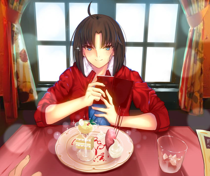 1girl ahoge blue_eyes blurry blush bokeh brown_hair cup curtains depth_of_field dessert drinking_glass food highres ice iro_(sekaixiro) jacket japanese_clothes kara_no_kyoukai kimono leather leather_jacket looking_at_viewer ryougi_shiki short_hair smile solo tablecloth type-moon