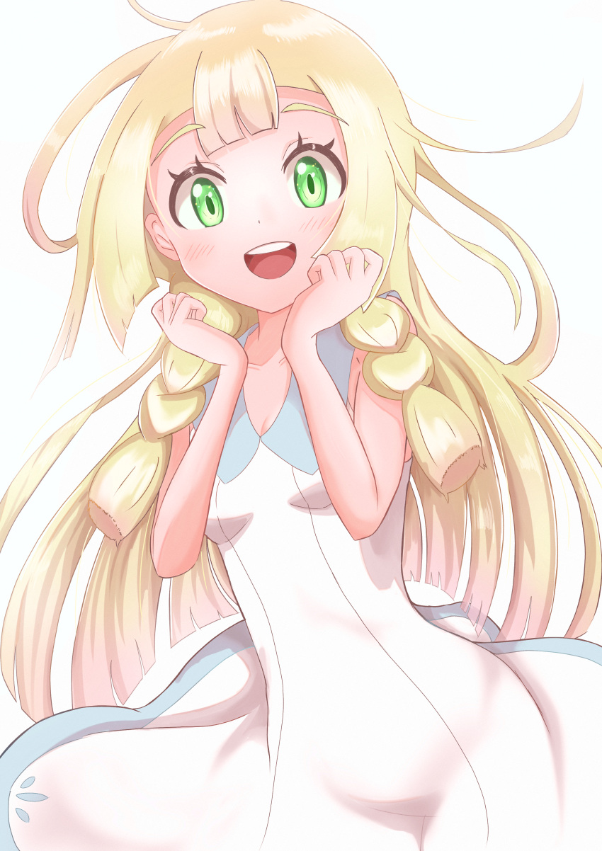 1girl :d absurdres bangs blonde_hair blunt_bangs blush braid breasts collarbone collared_dress dress eyelashes green_eyes hands_up highres lillie_(pokemon) long_hair looking_at_viewer open_mouth pokemon pokemon_(game) pokemon_sm rono_(lethys) sleeveless sleeveless_dress smile solo sundress teeth tongue twin_braids upper_teeth white_dress