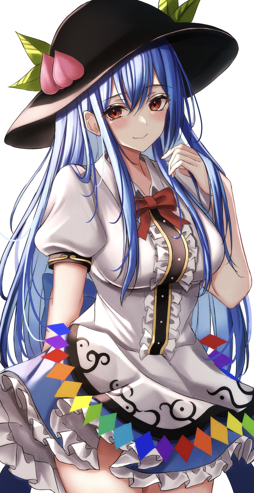 .me 1girl :&gt; absurdres blue_hair blush breasts center_frills cowboy_shot food frills fruit hat hat_ornament highres hinanawi_tenshi long_hair looking_at_viewer medium_breasts peach petticoat puffy_short_sleeves puffy_sleeves red_eyes short_sleeves simple_background skirt solo touhou very_long_hair white_background