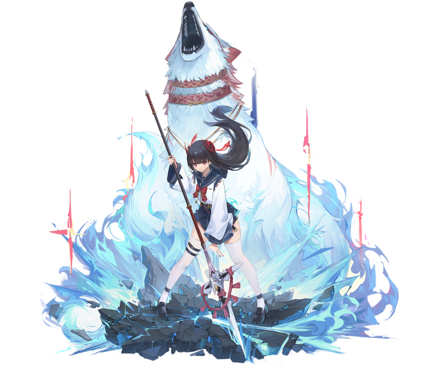 1girl ankleband bangs black_hair blue_skirt bow bowtie eyebrows_visible_through_hair fingernails flat_chest full_body ground_shatter hair_ornament holding holding_weapon japanese_clothes loafers long_hair long_sleeves looking_at_viewer nekojira official_art pink_eyes pleated_skirt polearm revived_witch shoes skirt spear standing thigh-highs transparent_background weapon webp-to-png_conversion white_legwear wolf yui_(revived_witch)