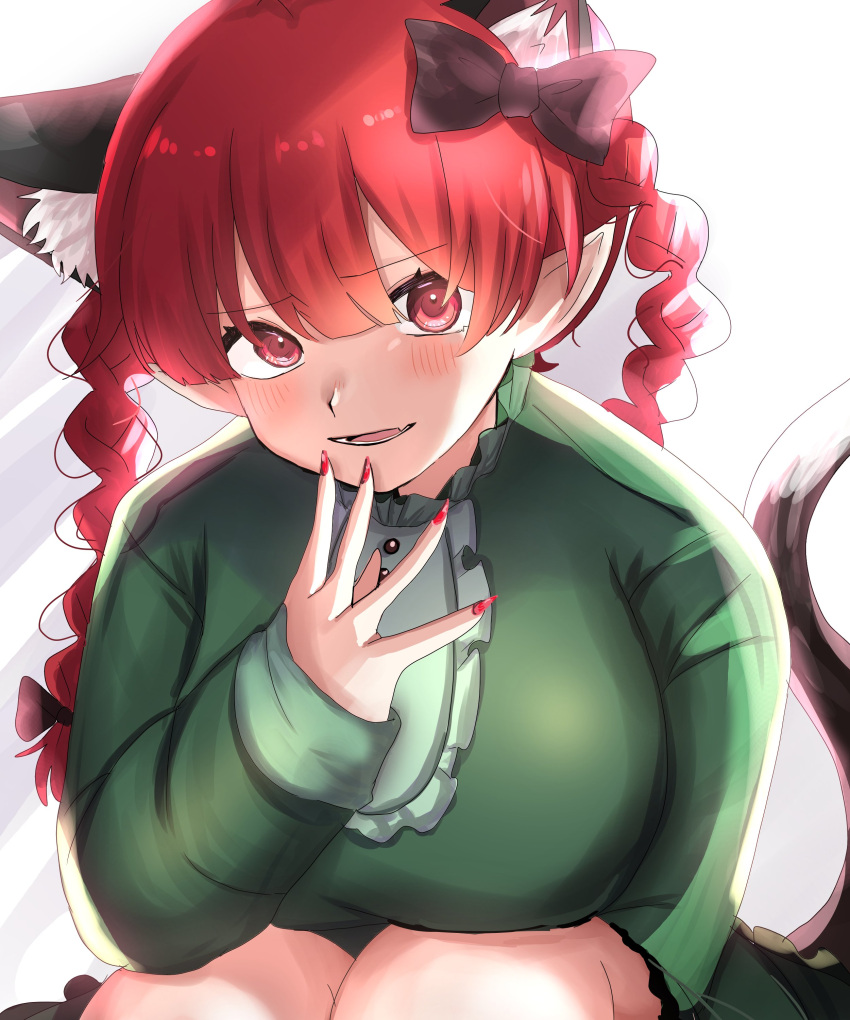 1girl absurdres animal_ear_fluff animal_ears blush bow braid breasts cat_ears cat_tail dress extra_ears fang frills green_dress hair_between_eyes hair_bow hand_on_own_chin highres kaenbyou_rin knees large_breasts leaning_forward light_smile long_hair looking_at_viewer nail_polish parted_lips pointy_ears purupurutamago45 red_eyes red_nails redhead sitting skin_fang sleeves_past_wrists solo tail touhou twin_braids twintails